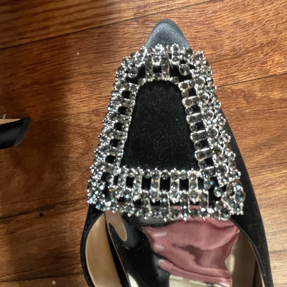 Badgley Mischka Black Enida Satin Crystal Buckle Slingback Pumps Size 11 EUC - Picture 14 of 16